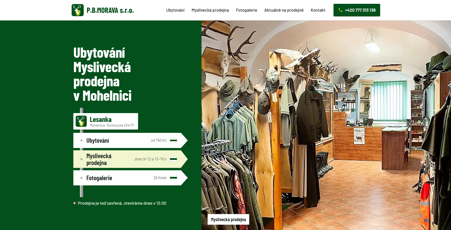 Náhled webu P.B.Morava – ubytování a myslivecká prodejna